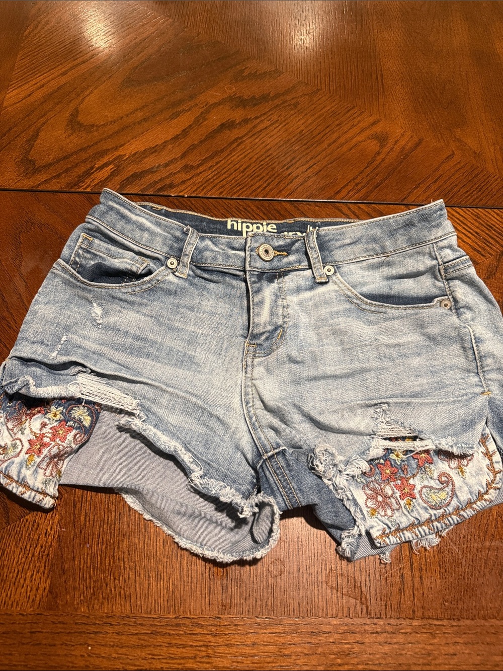hippie laundry Light Blue Distressed Denim Shorts with Embroidered Insets